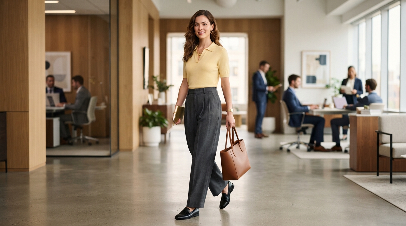 Butter Yellow Knit Polo Top & Pleated Charcoal Trousers